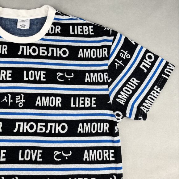 Urban Outfitters Shirt Mens L Blue Soft Multilingual Love Stripe Graphic Tee EUC - Picture 4 of 10